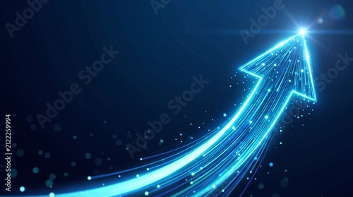 Glowing blue digital upward arrow representing business growth, financial success, technology innovation, corporate progress, economic development, and future strategy background