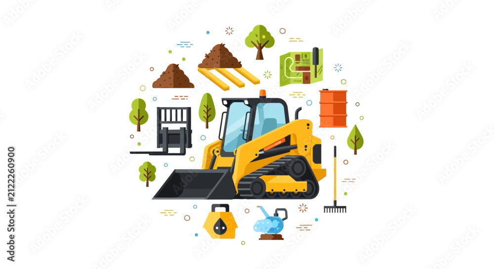 Fototapeta premium Skid Steer Loader Vector Illustration with Landscaping and Construction Service Icons