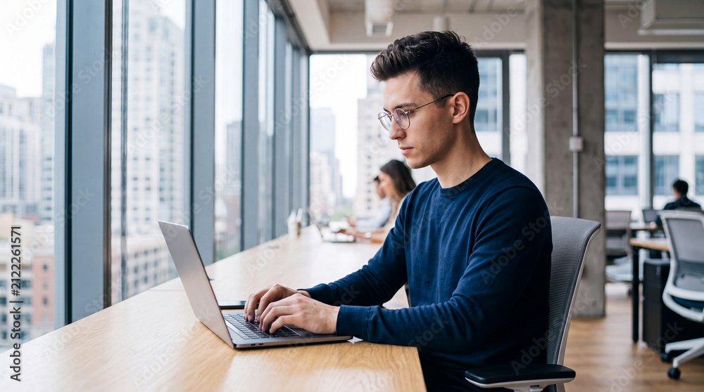 Fototapeta premium Young professional businessman working on laptop computer sitting at wooden desk near office window with modern city skyline view for technology business corporate concept