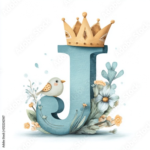 Watercolor Letter J with Crown and Delicate Floral Wreath Illustration