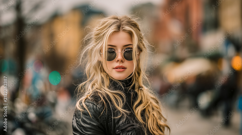 Fototapeta premium model_posing_in_leather_jacket_on_street