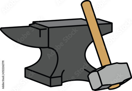 Classic blacksmith anvil with wooden-handled hammer resting against its side, sturdy industrial design, clean flat vector illustration
