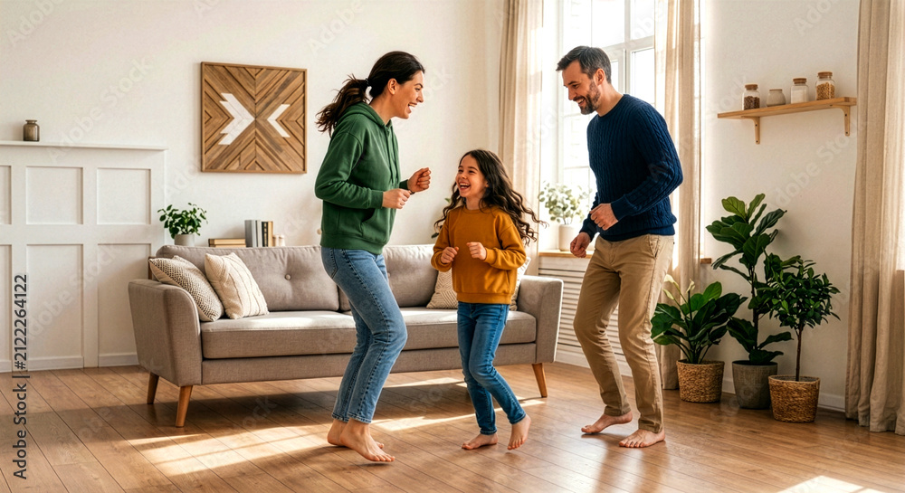Fototapeta premium Happy Family Dancing Together in Living Room at Home