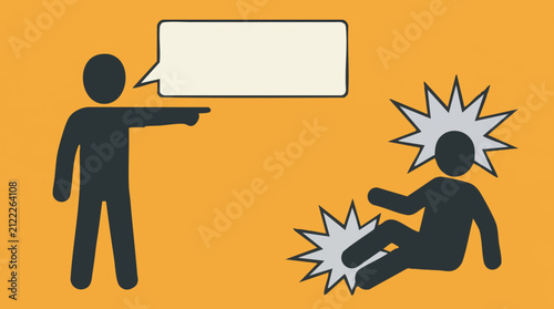Canvas Print Stick figure pointing and blaming fallen person, concept of accusation