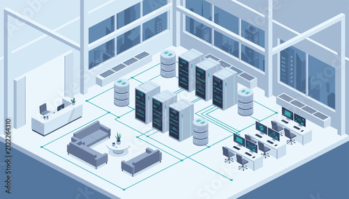 Isometric data center interior showcasing modern server cabinets, monitoring stations, and a comfortable lounge.