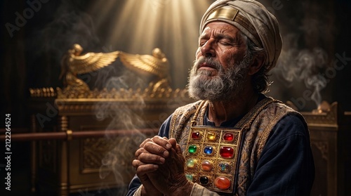 Biblical High Priest Aaron praying in the Holy of Holies. Old man wearing the sacred Hoshen breastplate with 12 stones. Ark of the Covenant, divine light and incense smoke in the background. Religion.