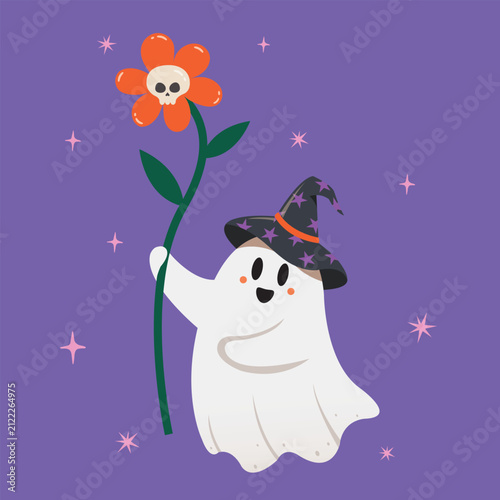 Vector illustration of Cute ghosts holding monster flower, Happy Halloween decoration concept.