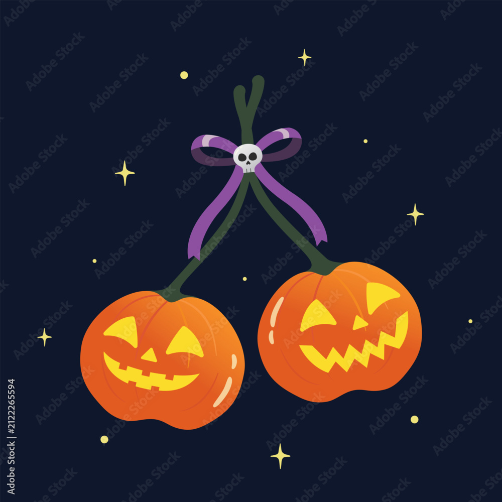 Fototapeta premium Halloween decoration with cute pumpkin and ribbon bow vector illustration.