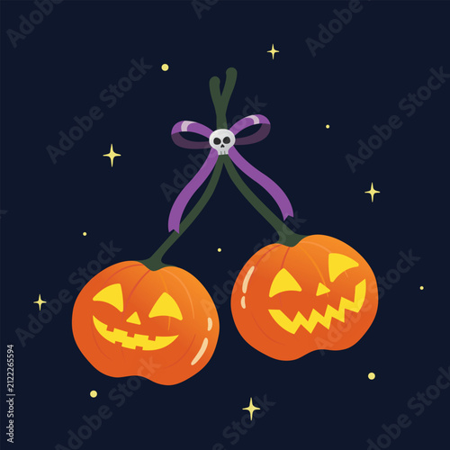 Halloween decoration with cute pumpkin and ribbon bow vector illustration.