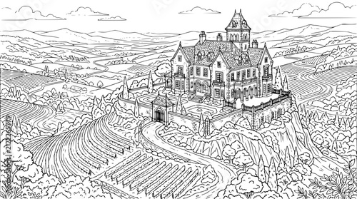 Vineyard Estate Manor House Overlooking Scenic Hills Coloring Page Illustration