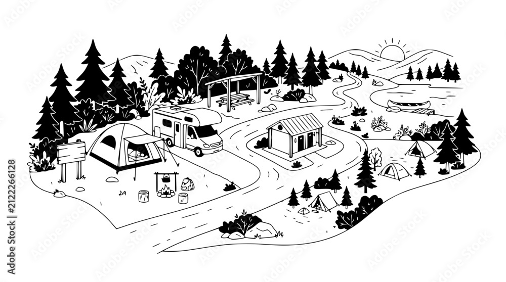 Fototapeta premium Scenic campground illustration with RV, tents, cabins, and lake