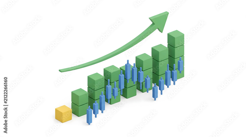 Fototapeta premium 3D Isometric Green Bar Graph with Candlestick Chart and Upward Ascending Arrow