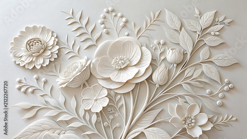 Detailed white floral sculptural wall relief with sculptural