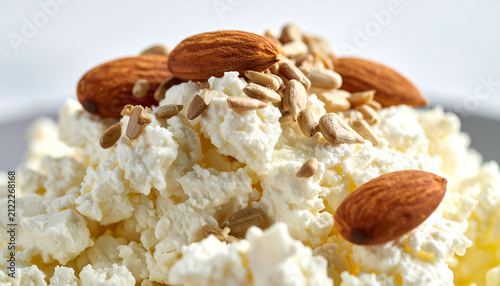 Close Up of Cottage Cheese with Almonds and Sunflower Seeds, High Protein Healthy Snack