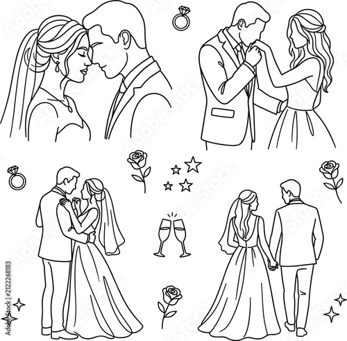 фотографія Line drawing of couples in wedding scenes with rings roses and champagne