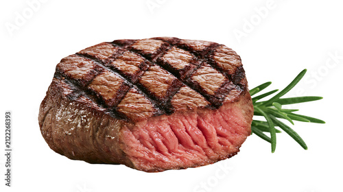 Juicy grilled beef steak with grill marks and rosemary sprig, isolated on transparent background