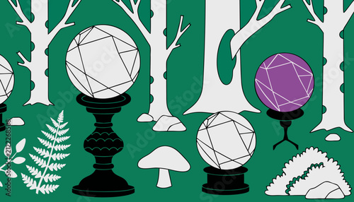 Mystical forest pattern with crystal balls ferns and trees on green background with scene crystal supernatural illustration ornamental divination