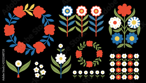 Colorful folk style floral vector illustrations featuring wreaths and bouquets on black background with displays collection stylized graphics