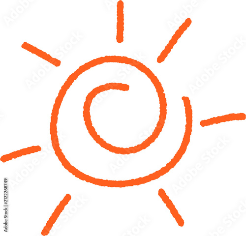 Cute hand drawn orange sun illustration, spiral sun line art isolated on transparent background