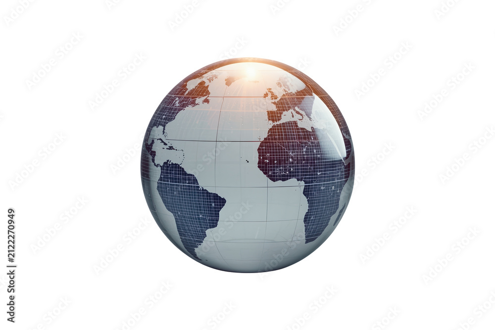 Fototapeta premium Blue silver world globe with illuminated horizon isolated on transparent background