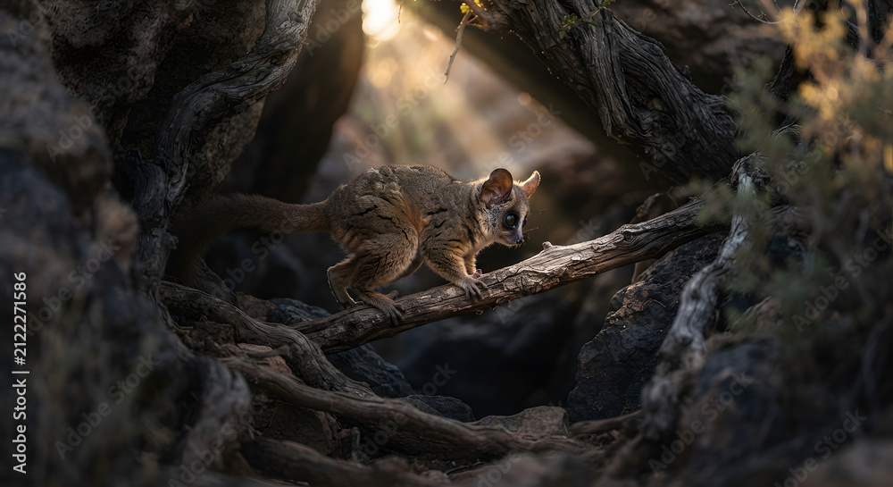 Fototapeta premium Small lemur balancing on a tree branch in a sunlit forest