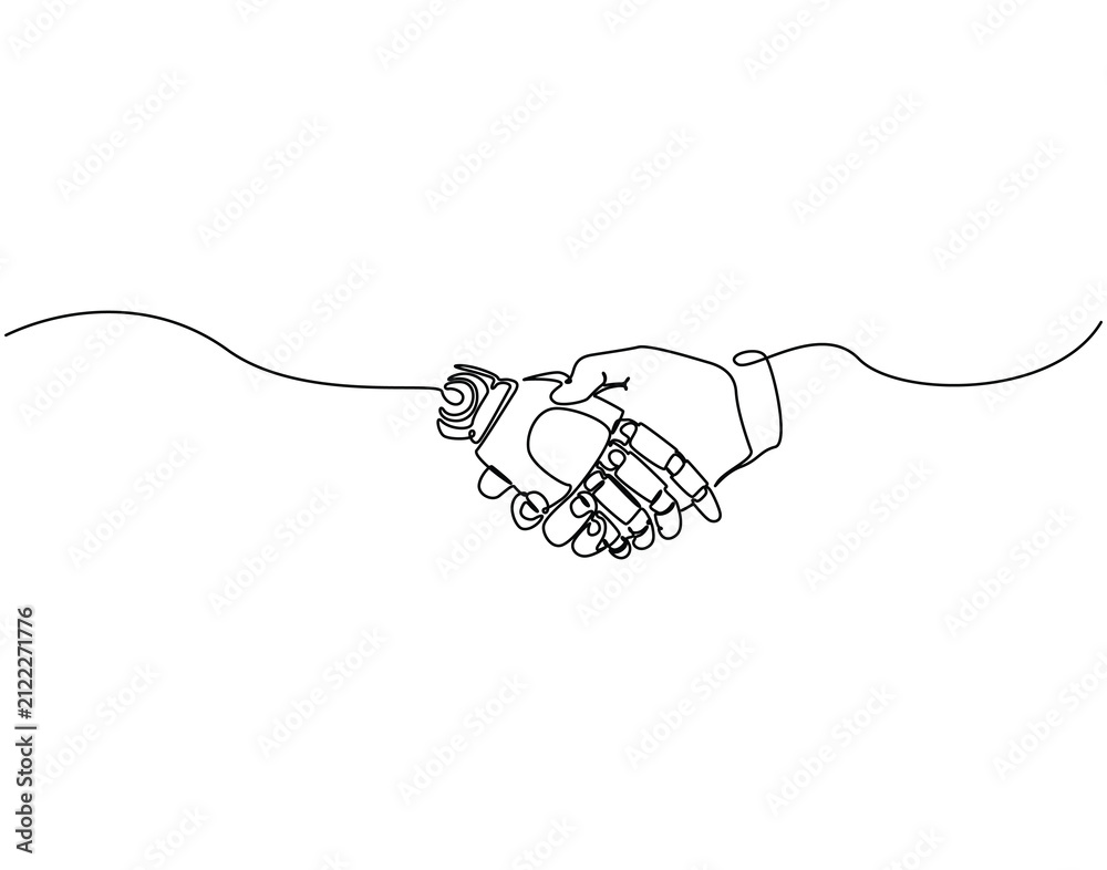 Obraz premium Continuous one line drawing of human hand shaking robot hand. One line drawing illustration of human and robot shaking hand. Human–Robot collaboration concept single line. Editable outline