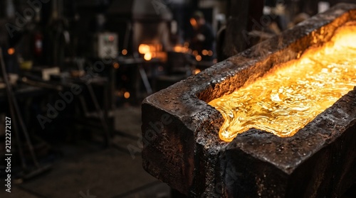 Close up of glowing molten gold settling and cooling inside black rectangular bar mold in foundry