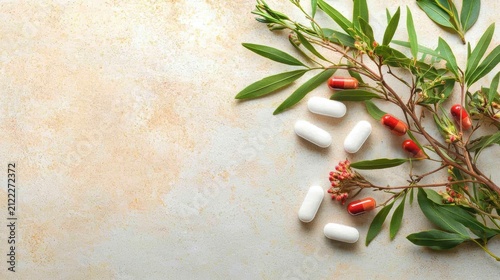 Herbal medicine with tablets and natural leaves.