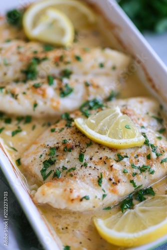 Juicy lemon fish fillet baked in creamy sauce with fresh parsley garnish