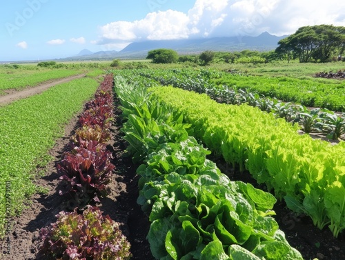 Lush rows of fresh green vegetables in farm.
