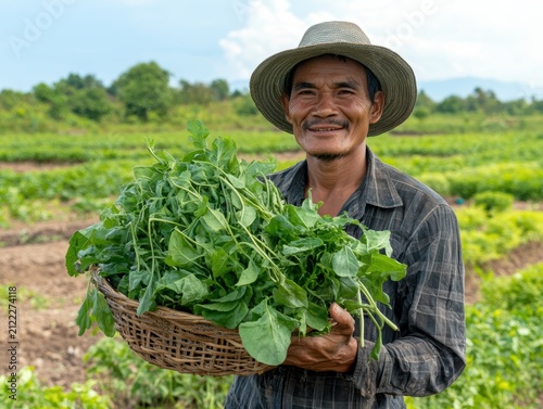 Man with fresh greens in a rural setting.