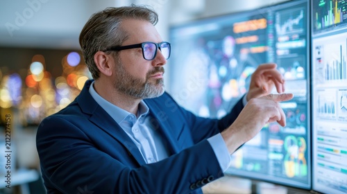 Businessman analyzing financial data on multi-screen monitor