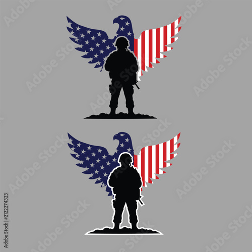 American military soldier silhouette with US flag eagle wings vector illustration.