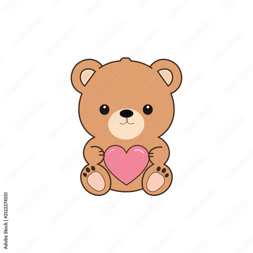 Obraz premium Cute teddy bear holding a pink heart vector illustration isolated on white background, Adorable cartoon brown bear sitting and hugging a pink heart for Valentine's Day