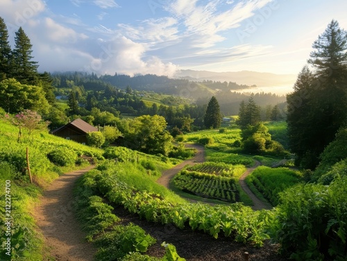Scenic view of green hills and blue sky.