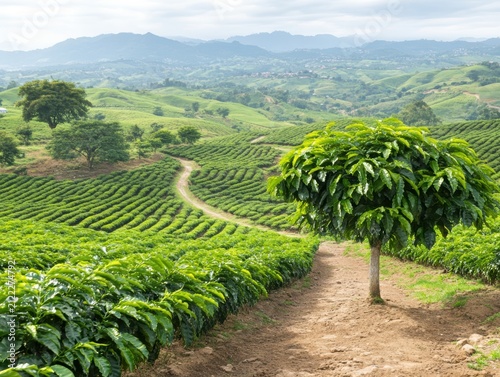Serene tea plantation landscape with lush hills.