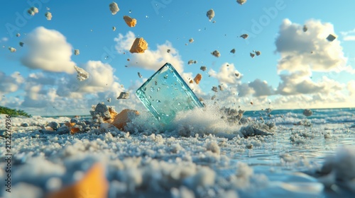 Shimmering water splashes onto a sunny shore.
