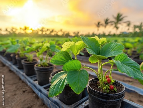 Strawberry plants growing in sunrise glow.