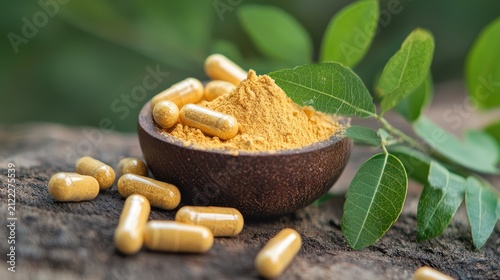 Turmeric powder and capsules on wooden table.