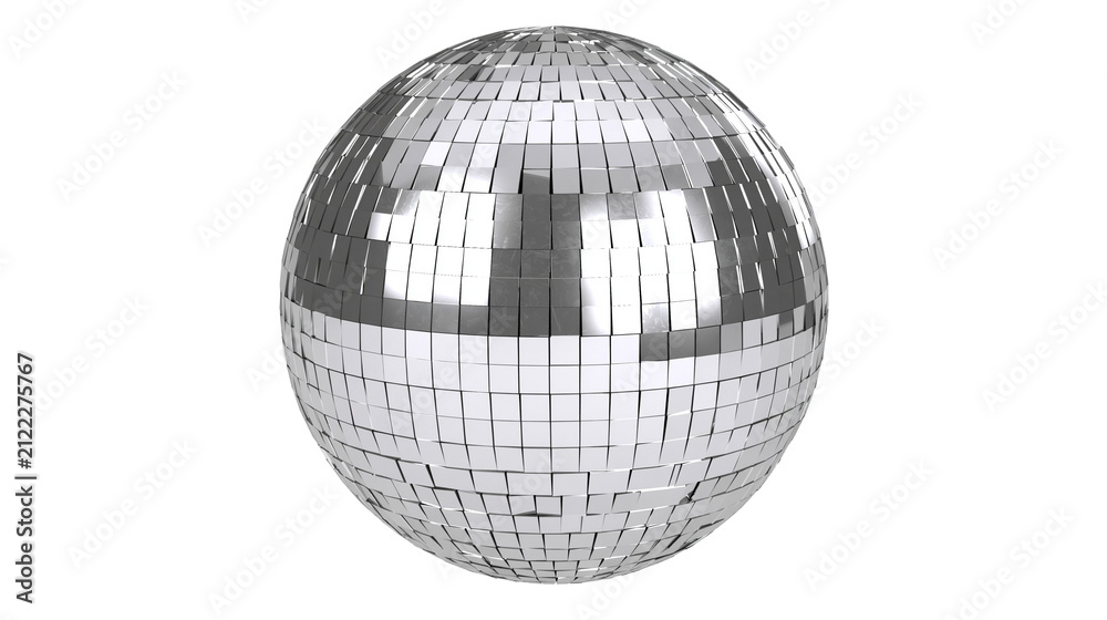 Fototapeta premium Shiny silver disco ball covered in small square mirrors, isolated on transparent background