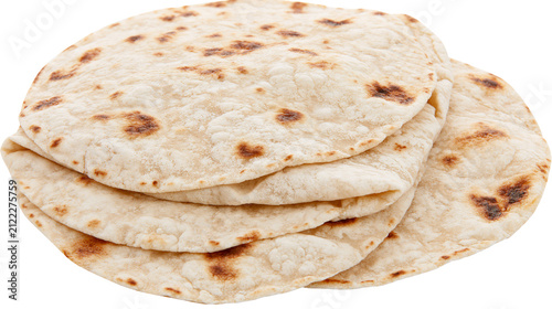 Quadro su tela Stack of golden brown flour tortillas with charred spots, isolated on transparen