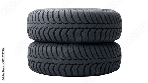 Cuadro en lienzo Two stacked black rubber car tires with deep tread patterns, isolated on transpa