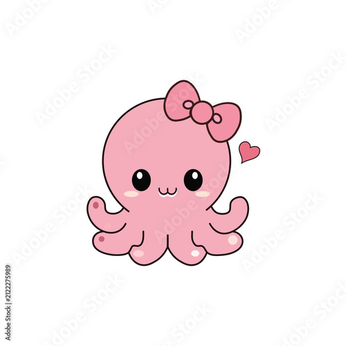 Cute pink octopus cartoon character with a bow and heart, vector illustration isolated on white background