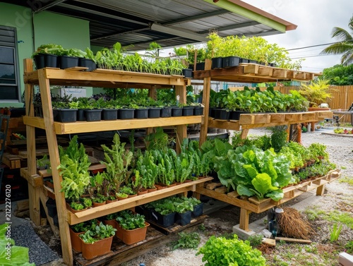 Vibrant garden shelves filled with healthy plants.