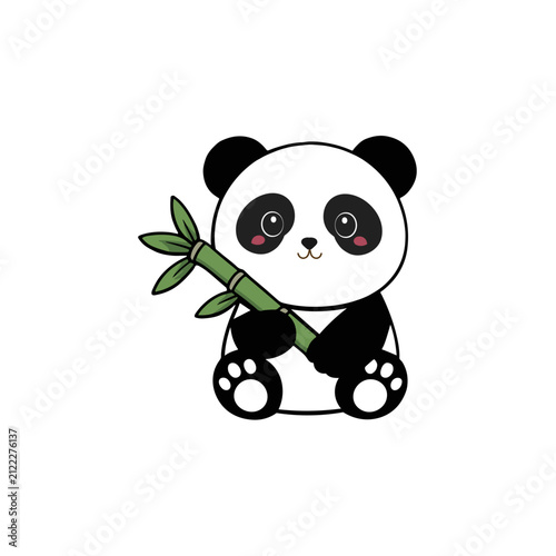 Cute Cartoon Panda Sitting and Holding Green Bamboo Stick Illustration