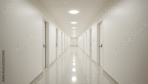 Brightly Lit Modern White Hallway with Doors and Shiny Tiled Floor, Architecture and Interior Design, created with generative ai