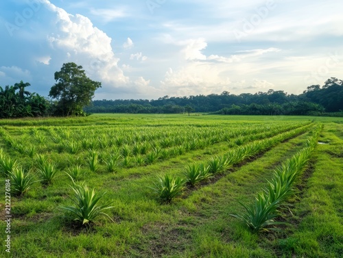 Vibrant green farm field under a blue sky.