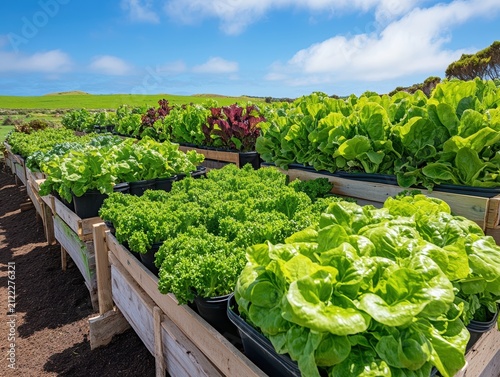 Vibrant lettuce varieties in wooden planters.