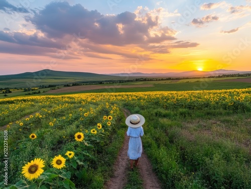 Woman walking through a sunflower field at sunset.