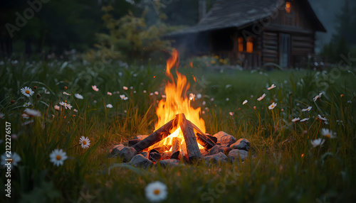 small campfire with glowing embers surrounded by lush green grass and blooming daisies, with a rustic wooden house in the background, created with generative ai